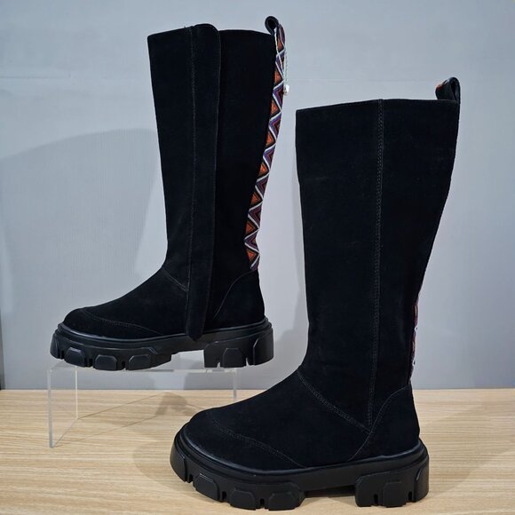 NEW Farm Rio Long Suede Combat Boot Size 7 Black Vegan Leather Platform Boho - Picture 2 of 13